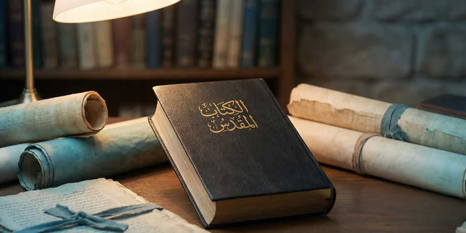صورة تحتوي على كتاب مقدس ومخطوطات تاريخية وفي الخلفية مكتبة