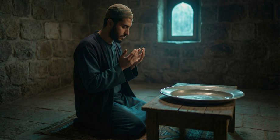 صورة تحتوي على رجل يصلي وأمامه طبق فارغ