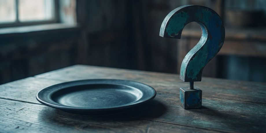 صورة تحتوي على طبق فارغ وعلامة استفهام