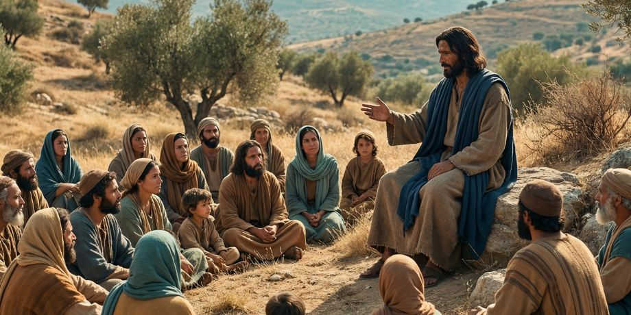  صورة تحتوي على السيد المسيح وأمامه الجموع يعلمهم