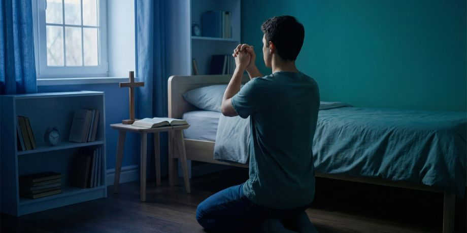 صورة تحتوي على شخص يركع ويصلي