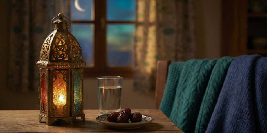 صورة تحتوي على فانوس وكوب ماء وطبق به بلح