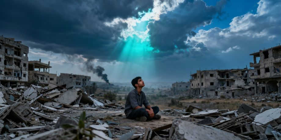 صورة تحتوي على شاب ينظر إلى السماء وسط منطقة مدمرة