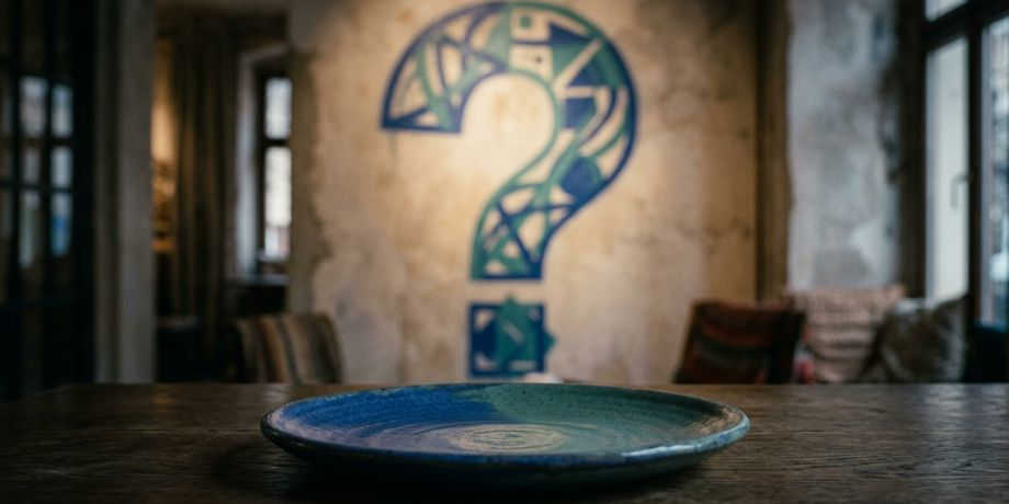  صورة تحتوي على طبق فارغ وفي الخلفية علامة استفهام