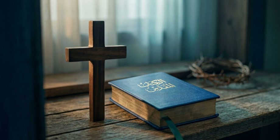صورة تحتوي على كتاب مقدس وتاج شوك وصليب