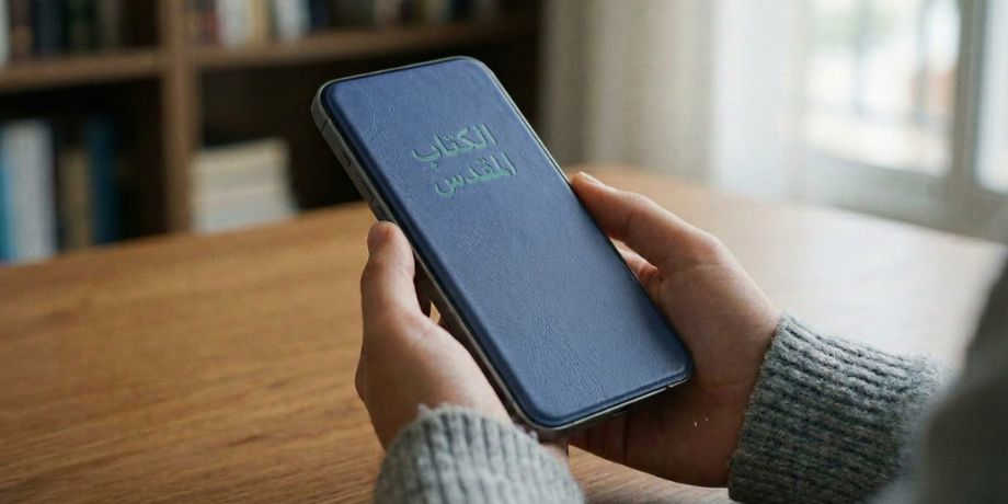 صورة تحتوي على هاتف محمول به تطبيق للكتاب المقدس