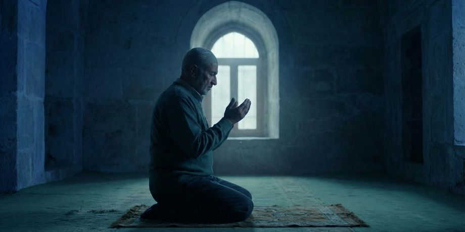 صورة تحتوي على رجل يصلي