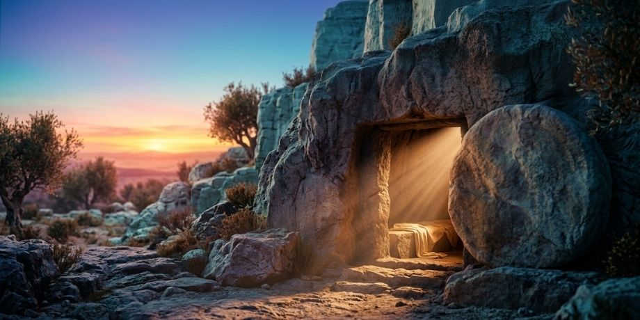 صورة تحتوى على قبر فارغ ومنظر طبيعي خلاب