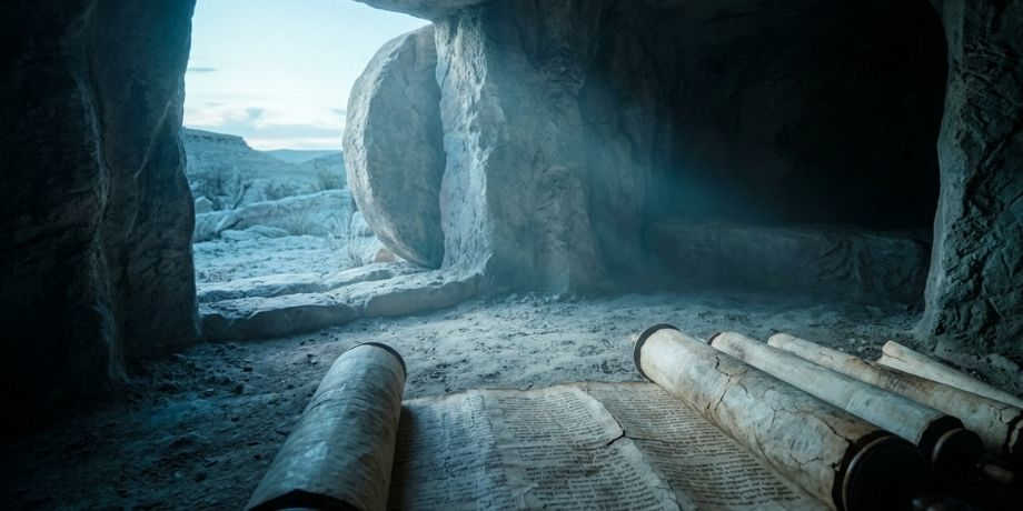صورة تحتوى على قبر فارغ ومخطوطات تاريخية