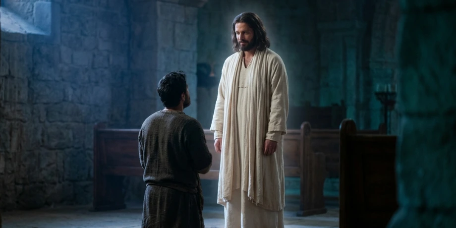 صورة تحتوي على شخص يمثل المسيح وأمامه آخر يسجد أمامه