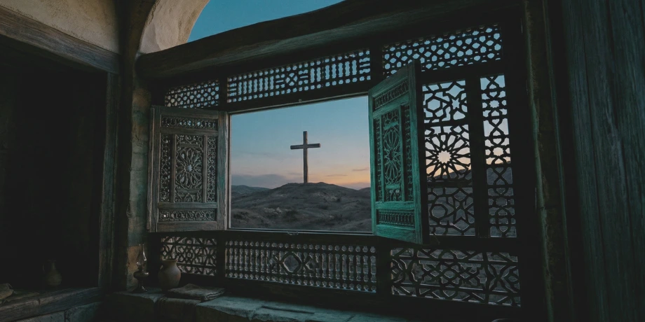 صورة تحتوي على صليب يُنظر إليه من شباك