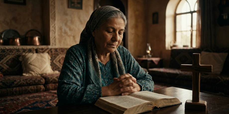  صورة تحتوي على امرأة عجوز تصلي وأمامها كتاب مقدس