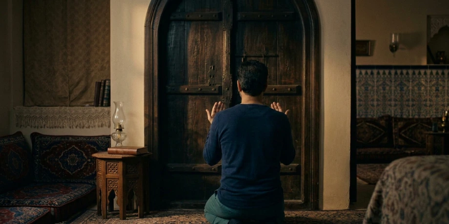 صورة تحتوي على رجل يصلي وأمامه باب مغلق