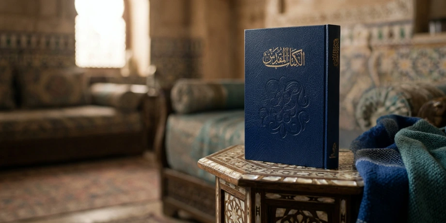 صورة تحتوي على كتاب مقدس في بيت عربي