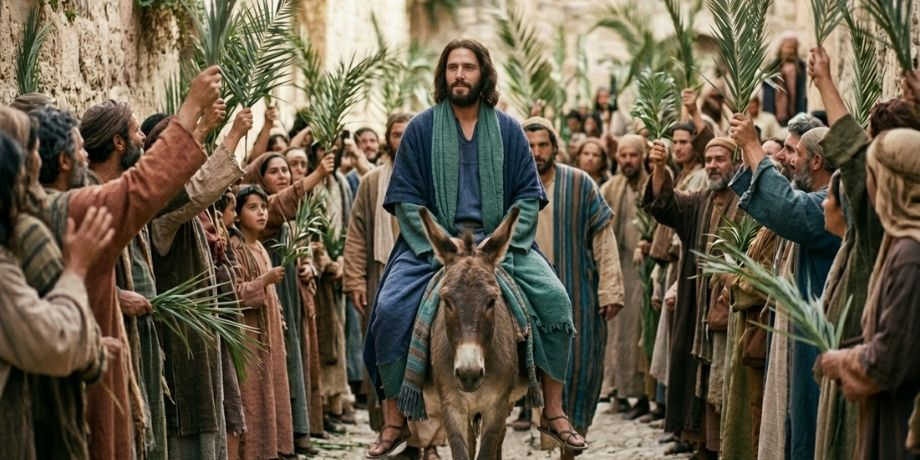 صورة تحتوي على شخص يمثل المسيح وحوله مجموعة من الناس حاملين سعف