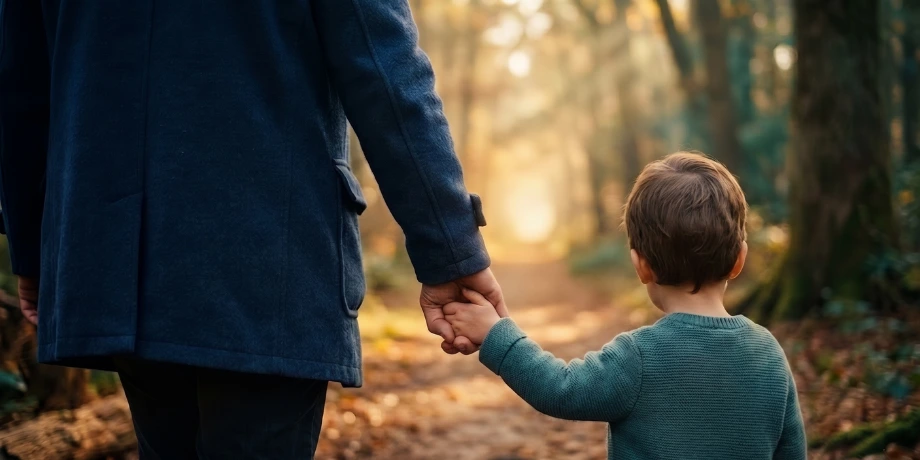 صورة تحتوي على أب يمسك بيد ابنه