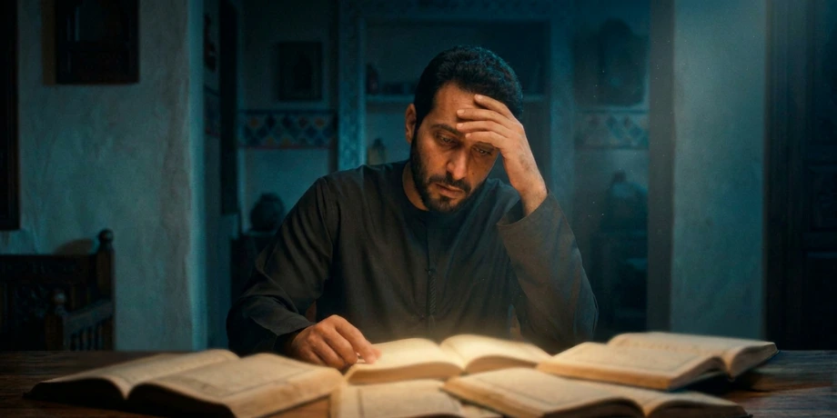 صورة تحتوي على رجل أمامه العديد من الكتب