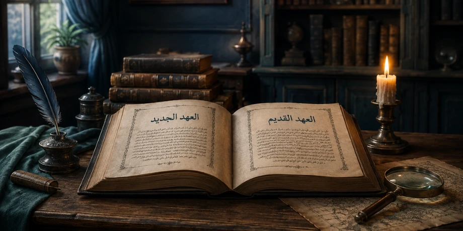 صورة لكتاب واحد نصفه كتاب العهد القديم ونصفه الاخر كتاب العهد الجديد
