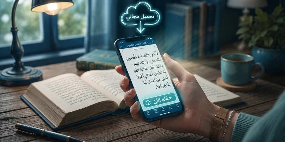 صورة تحتوى على موبايل فيه الكتاب المقدس وايقون لتحميله مجانًا