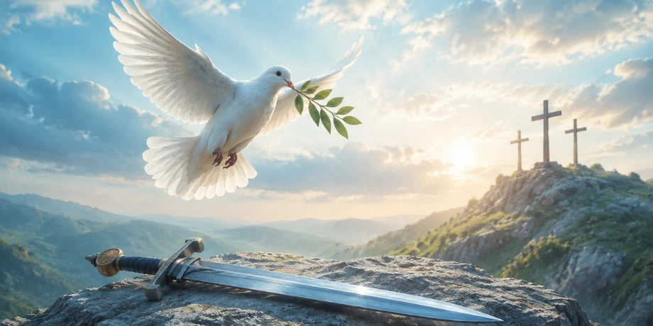 صورة تحتوي على حمامة وسيف و ثلاثة صلبان
