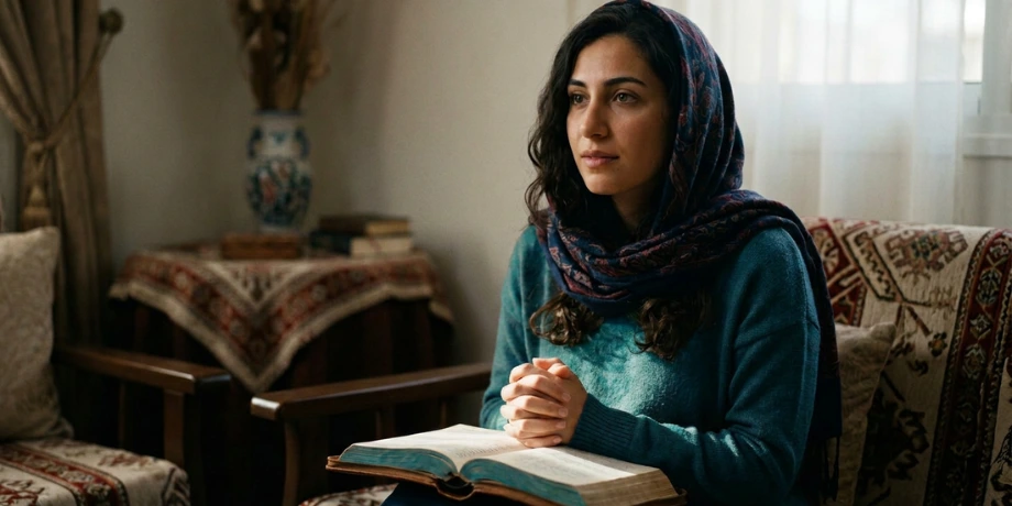 صورة تحتوي على امرأة تصلي وأمامها كتاب مقدس